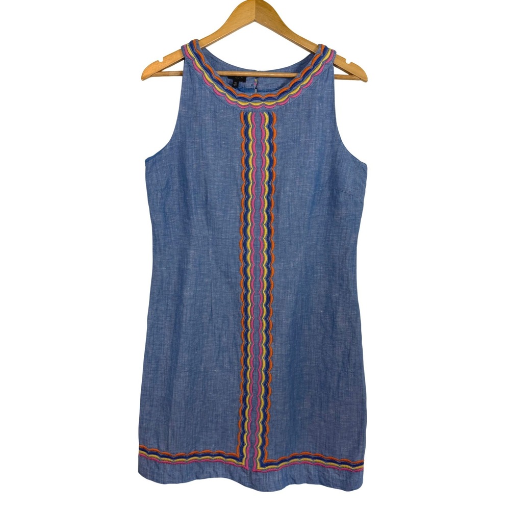 Talbots Embroidered Linen Blend Shift Dress Blue Coastal Preppy Resort 10P